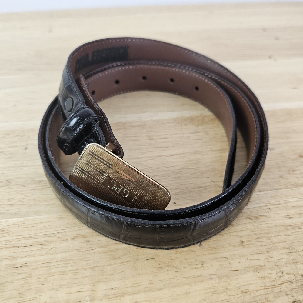 Paul Fredrick Embossed Italian Calfskin Leather Belt Black Size 40 Gold "GPC"